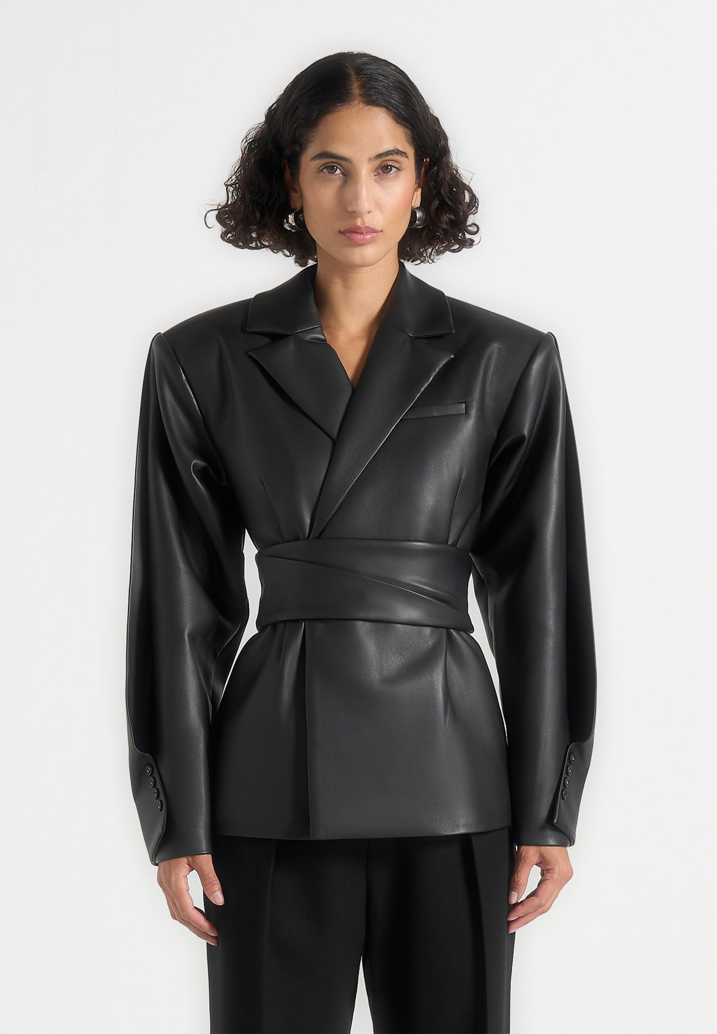 Marie - Twist Sleeve Leather Blazer with Belt - Black