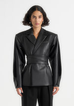 Marie - Twist Sleeve Leather Blazer with Belt - Black