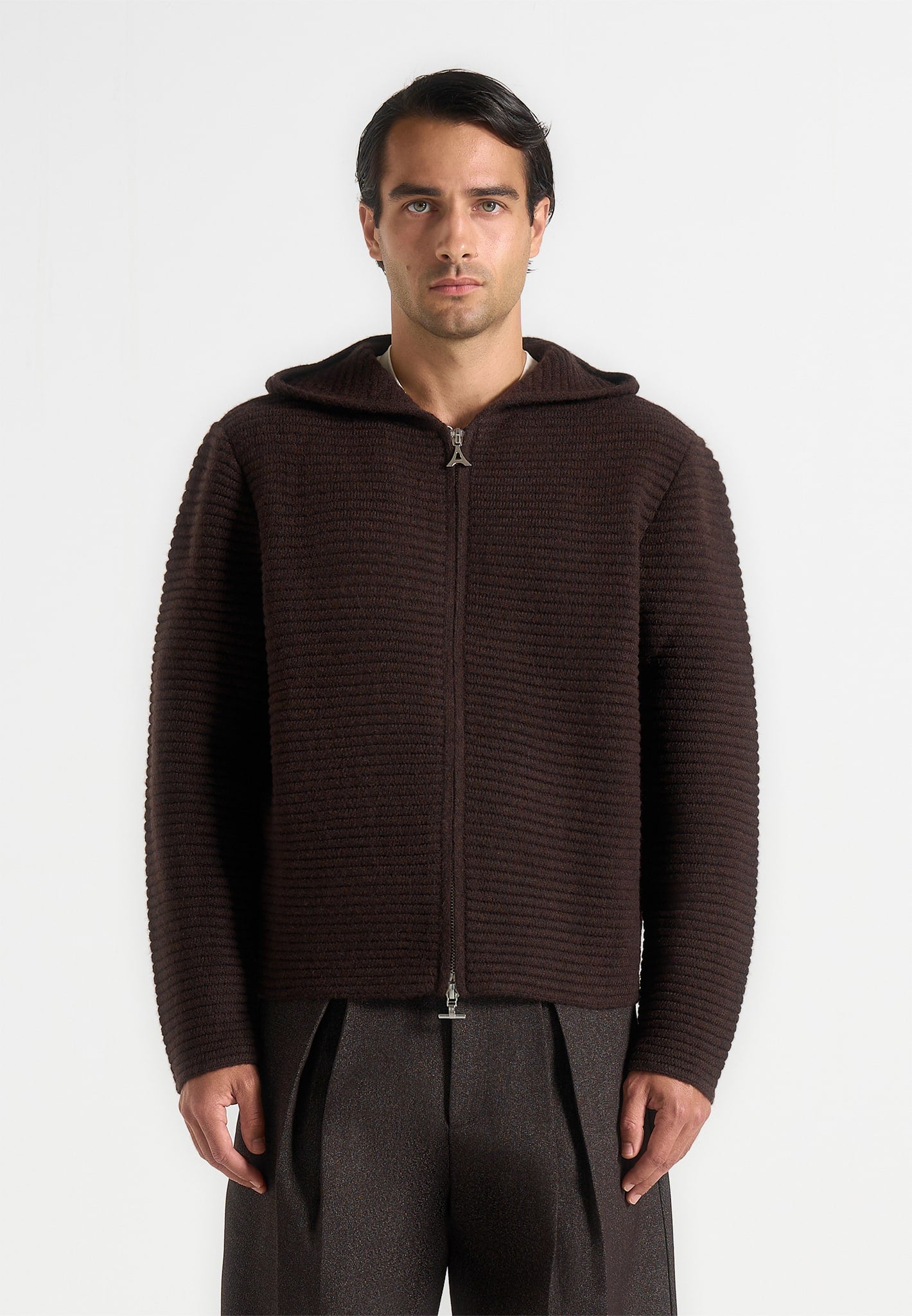 Eden - Unisex Ribbed Knit Zip Up Hoodie - Brown