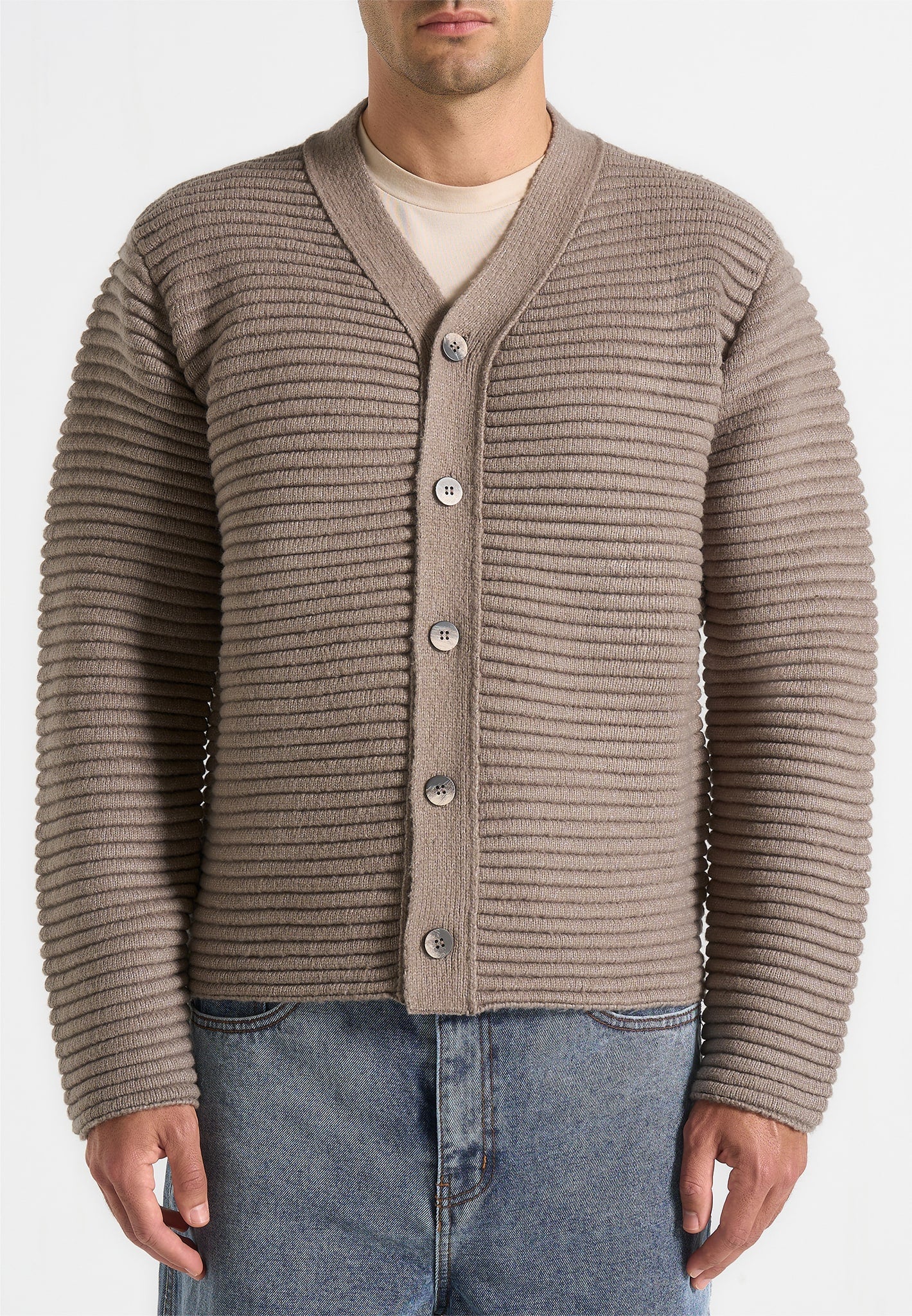Anton - Ribbed Knit Cardigan - Taupe 