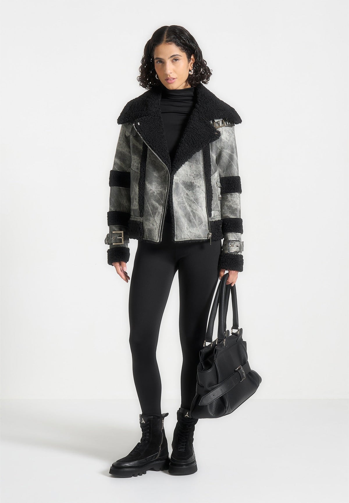 Marbled Leather Borg Biker Jacket - Black