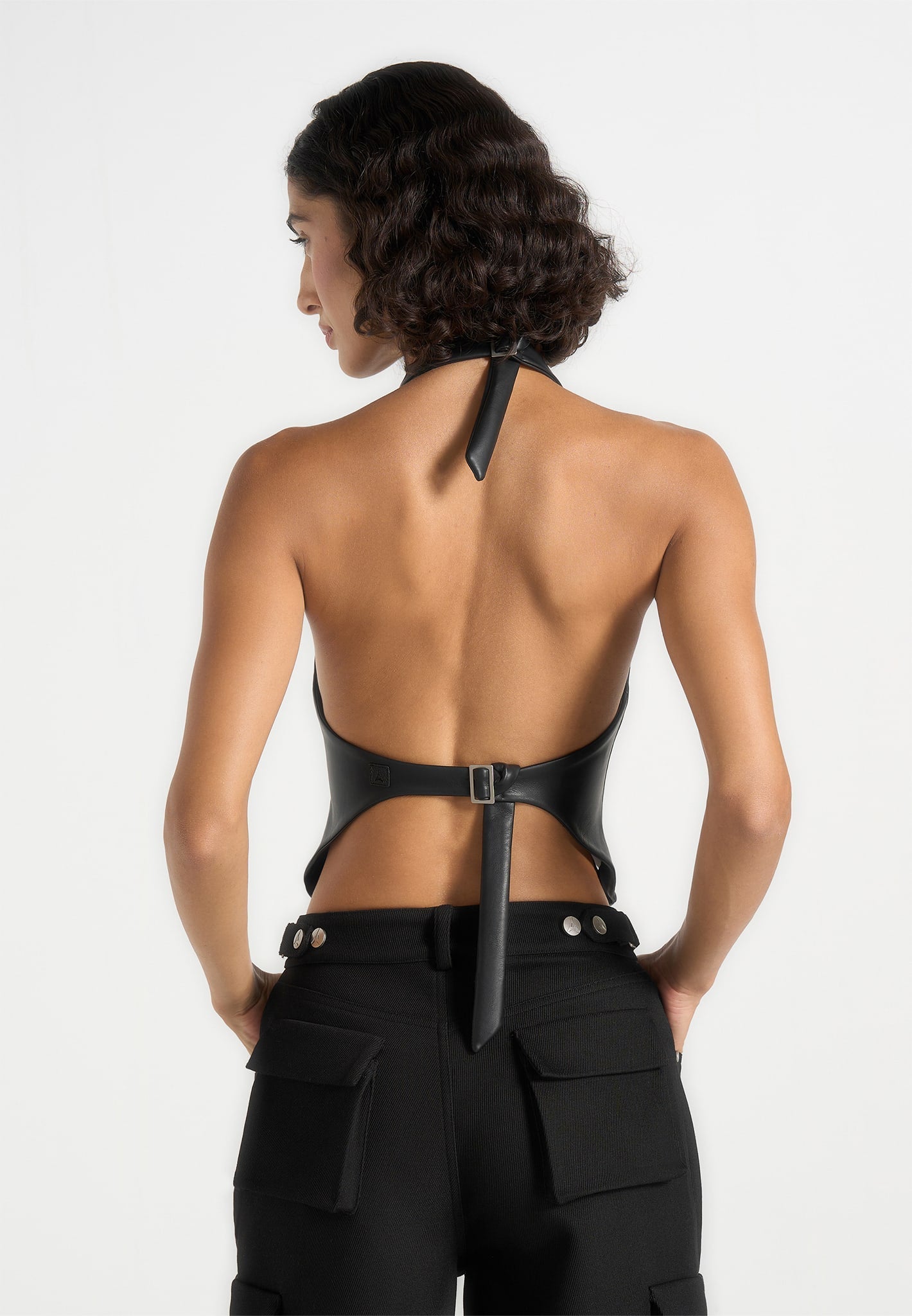Claudette - Leather Halterneck Backless Top - Black 