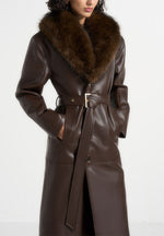 Cenya - Fur Collar Belted Leather Coat - Brown