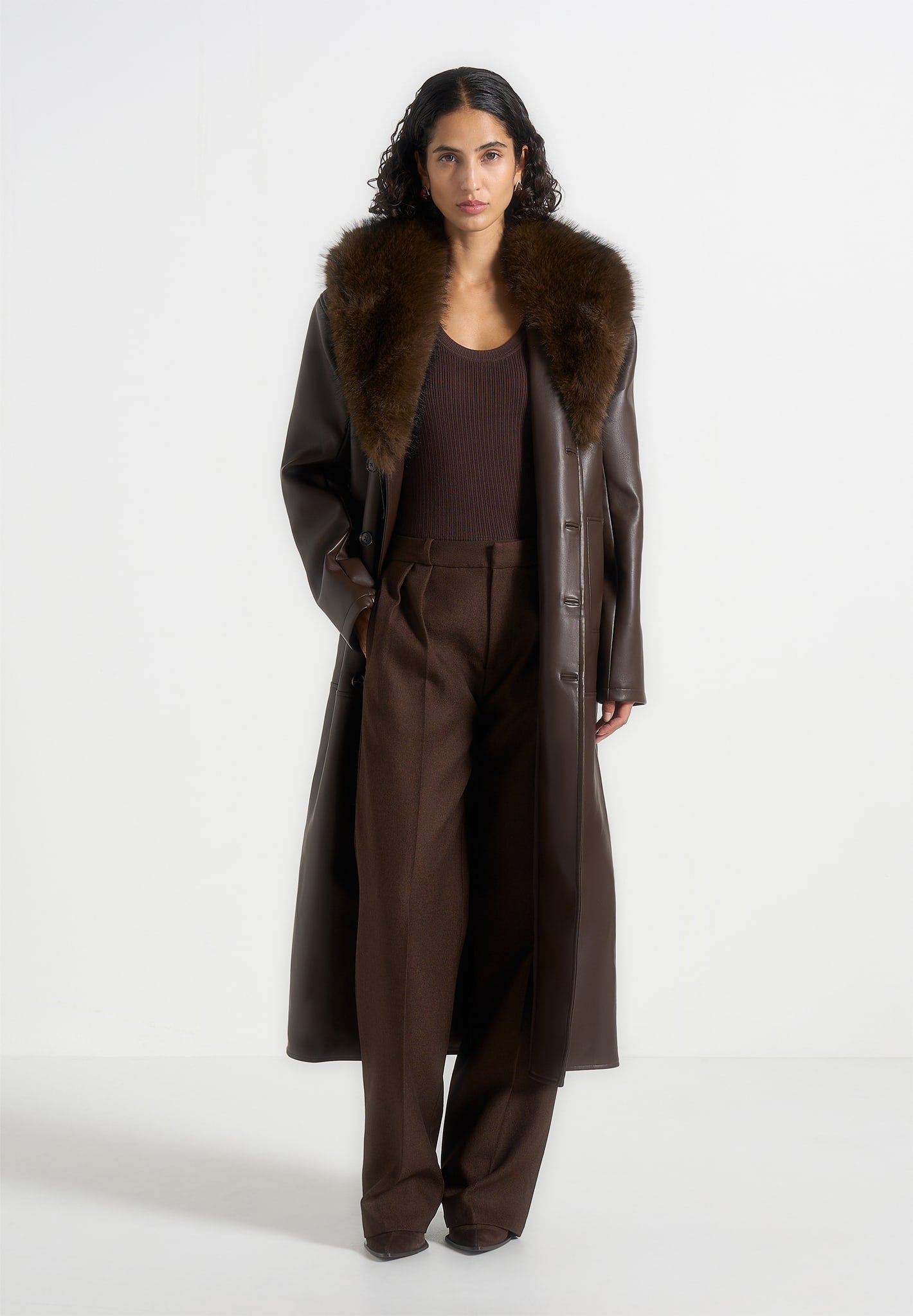 Cenya - Fur Collar Belted Leather Coat - Brown