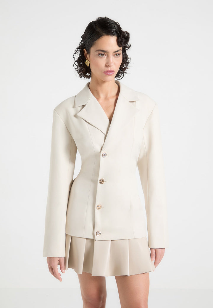 tailored-cinch-blazer-dress-with-pleats-beige