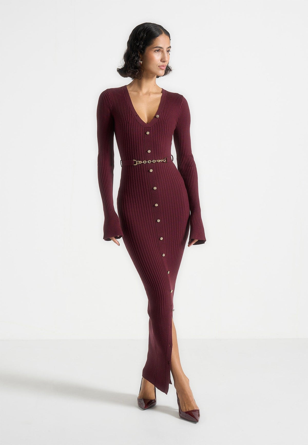 Assia - Long Sleeve Knitted Maxi Dress With Belt - Wine Red