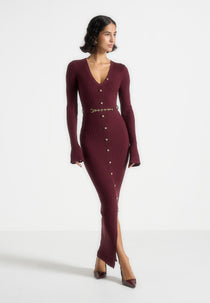 Assia - Long Sleeve Knitted Midaxi Dress With Belt - Wine Red