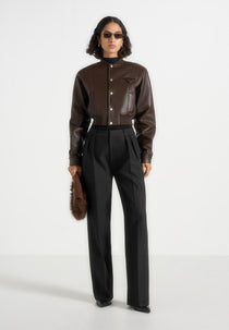 Zina - Leather Wide Shoulder Bomber Jacket - Brown
