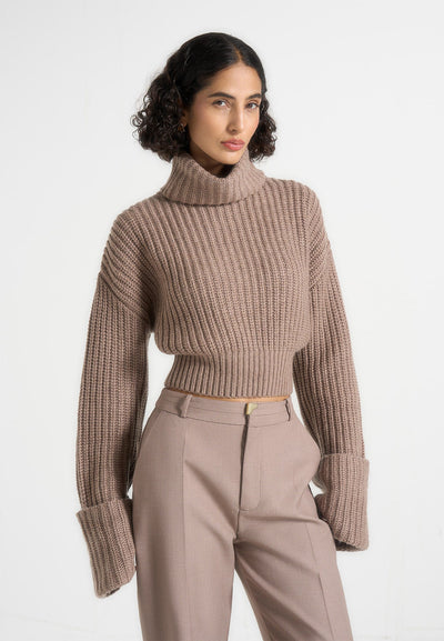 Amaya - Roll Neck Knit Jumper With Cuffs - Taupe