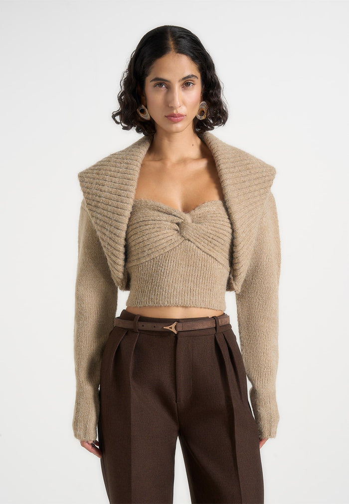 Emya - 2-in-1 Knit Shrug With Twisted Bandeau Top - Taupe