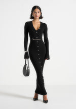 Assia - Long Sleeve Knitted Midaxi Dress With Belt - Black