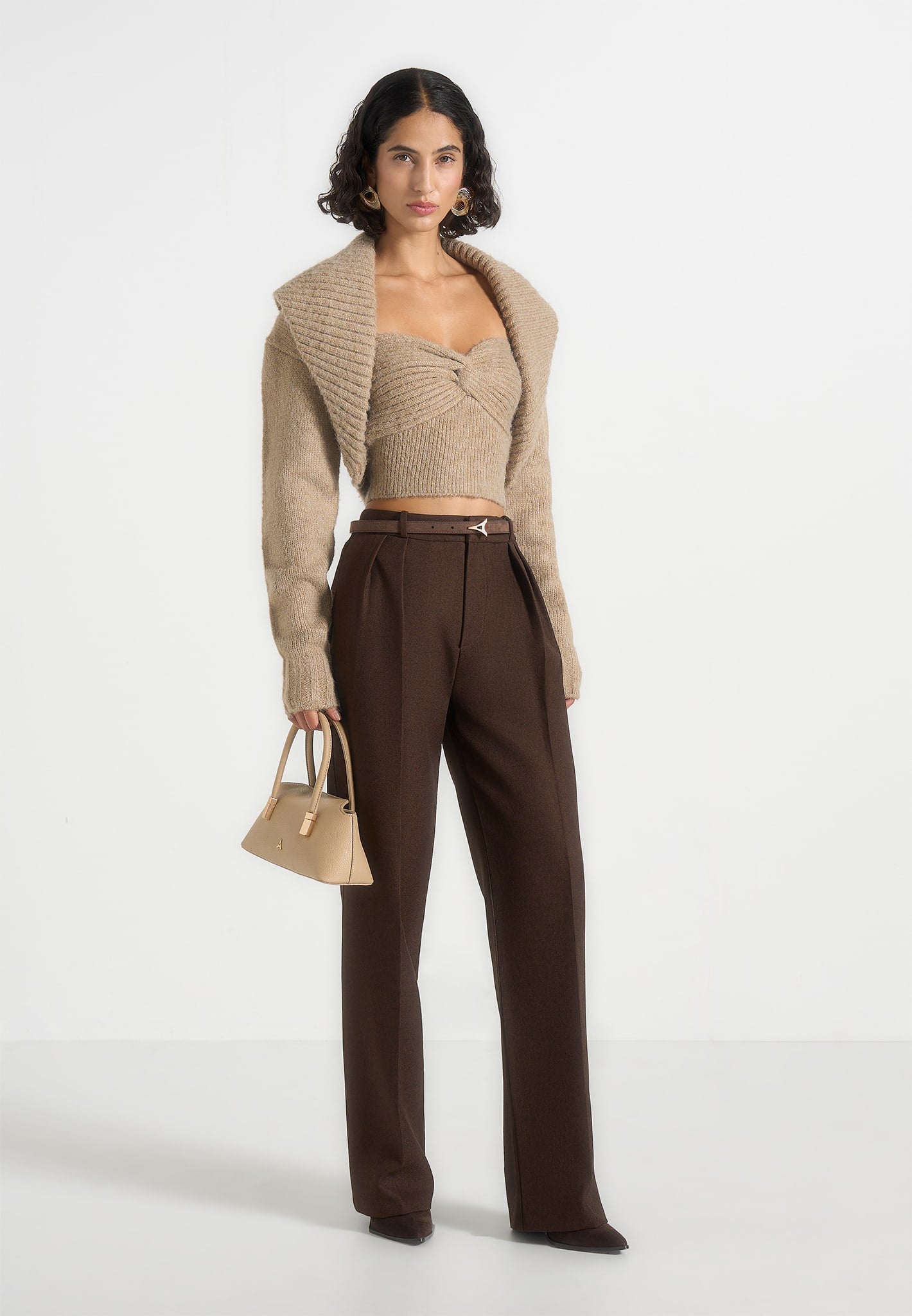 Emya - 2-in-1 Knit Shrug With Twisted Bandeau Top - Taupe