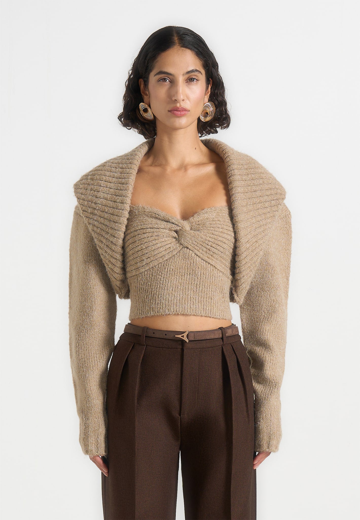 Emya - 2-in-1 Knit Shrug With Twisted Bandeau Top - Taupe