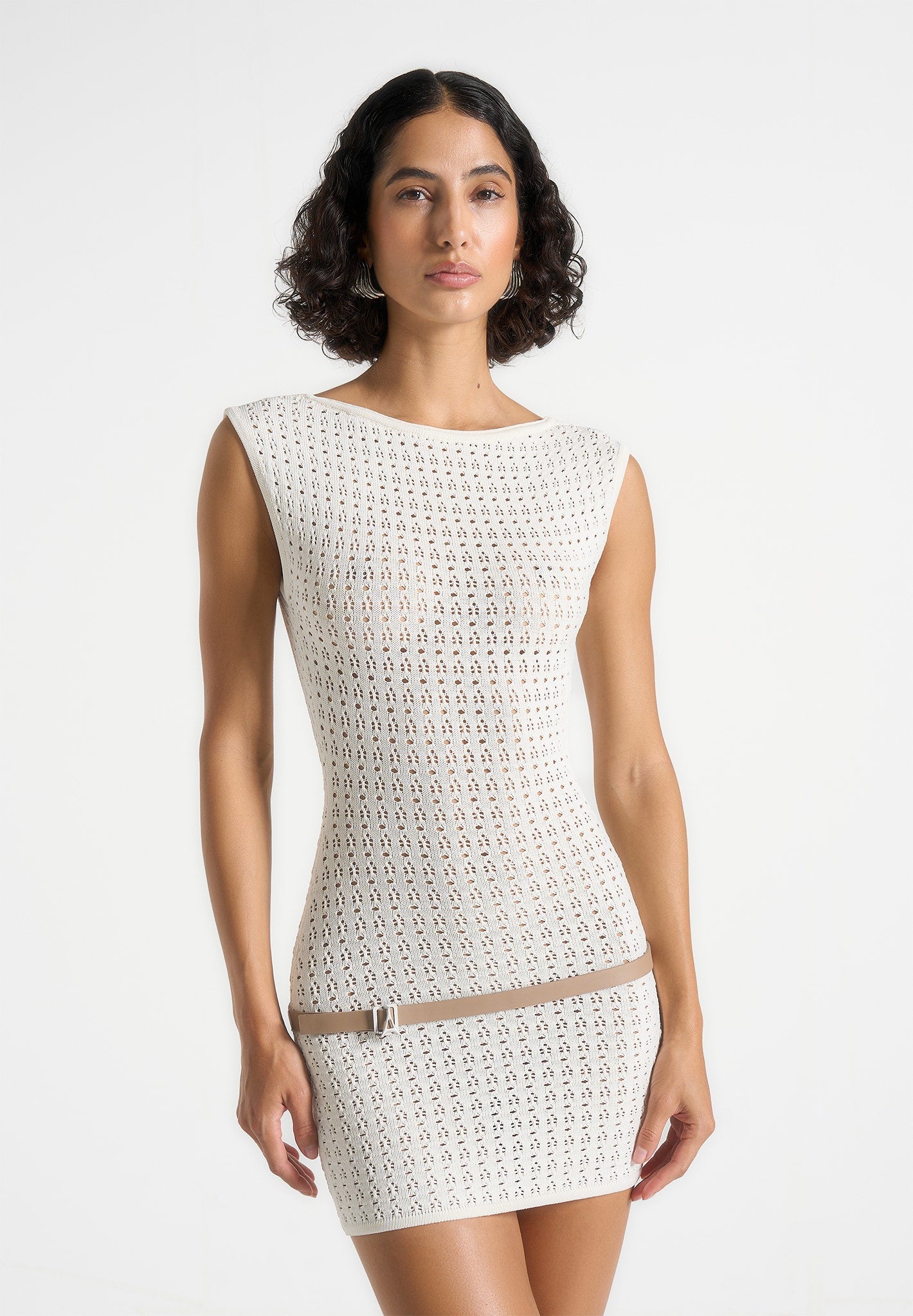 Keyla - Pointelle Mini Dress With Belt - Cream 