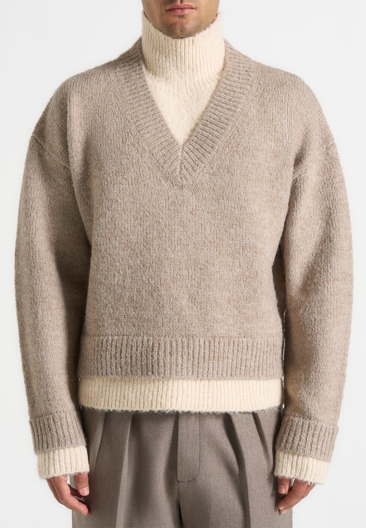 Jacques - Unisex Double Layer V-Neck Knit Jumper - Beige/Cream