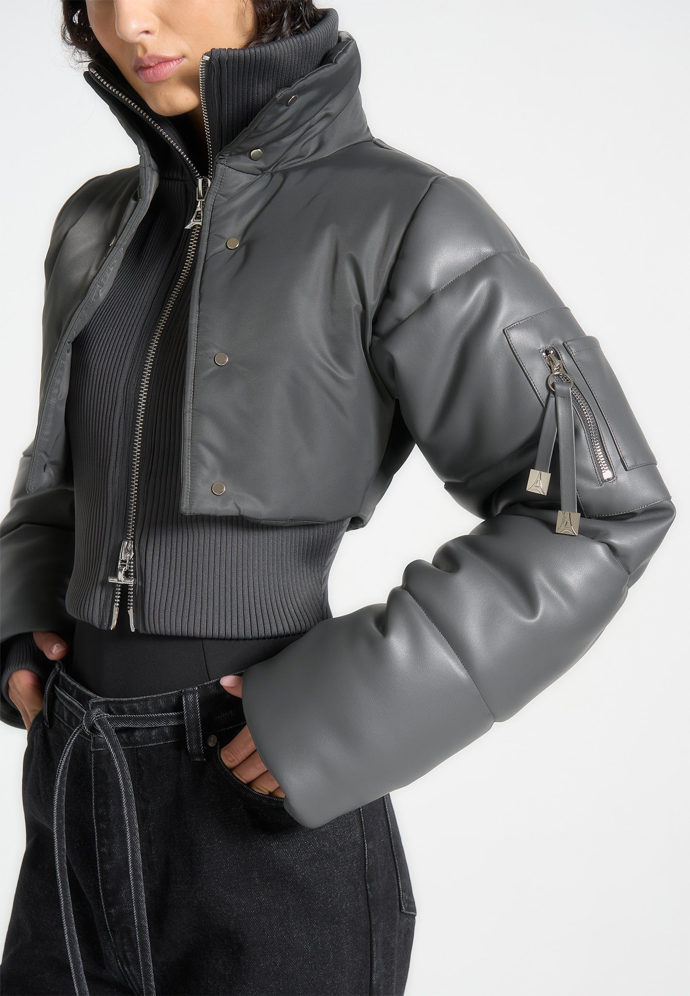 vegan-leather-and-nylon-layered-puffer-jacket-grey