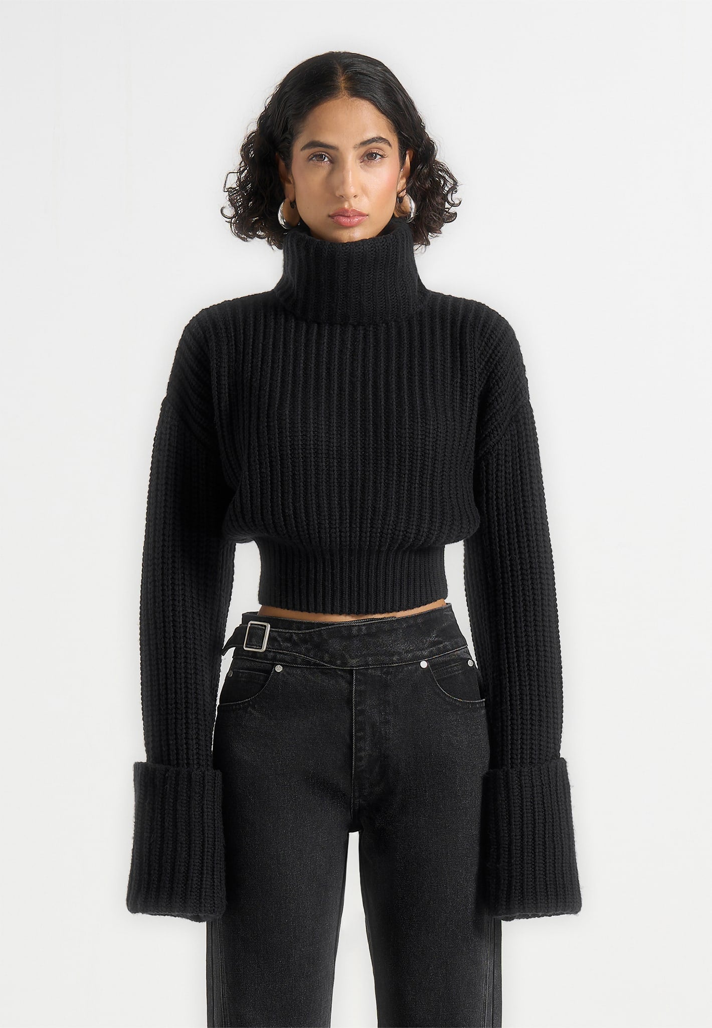 Amaya - Roll Neck Knit Jumper With Cuffs - Black
