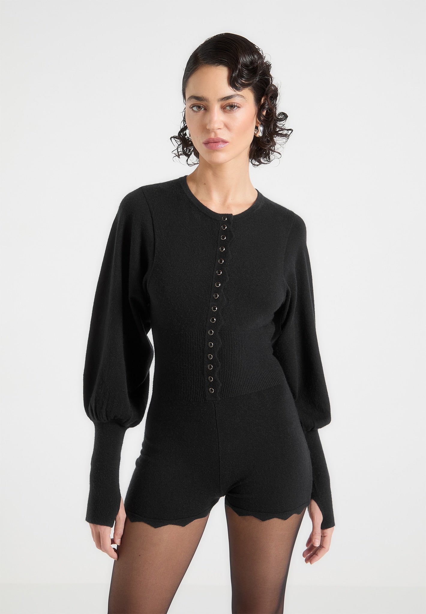 Michele - Knitted Scallop Hem Playsuit - Black