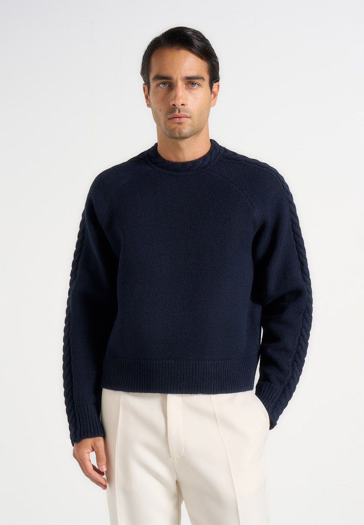 Raymond - Plait Detail Raglan Knit Sweater - Navy