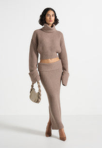 Lyra - Knit Maxi Skirt with Foldover - Taupe