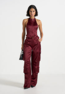 Emilie - Satin High Waisted Cargo Pants - Wine Red