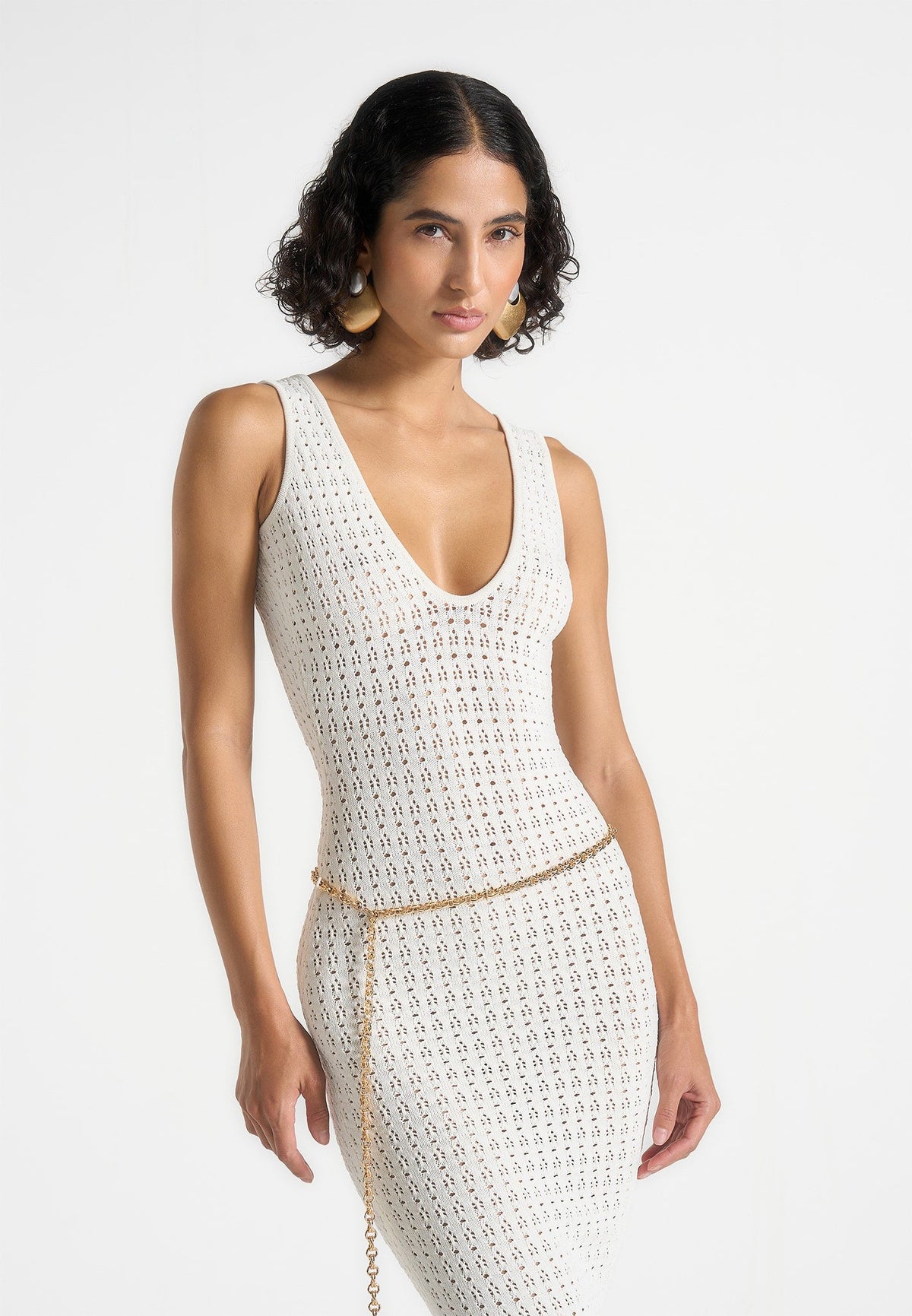 Myriam - Pointelle Plunge Maxi Dress With Chain - Cream