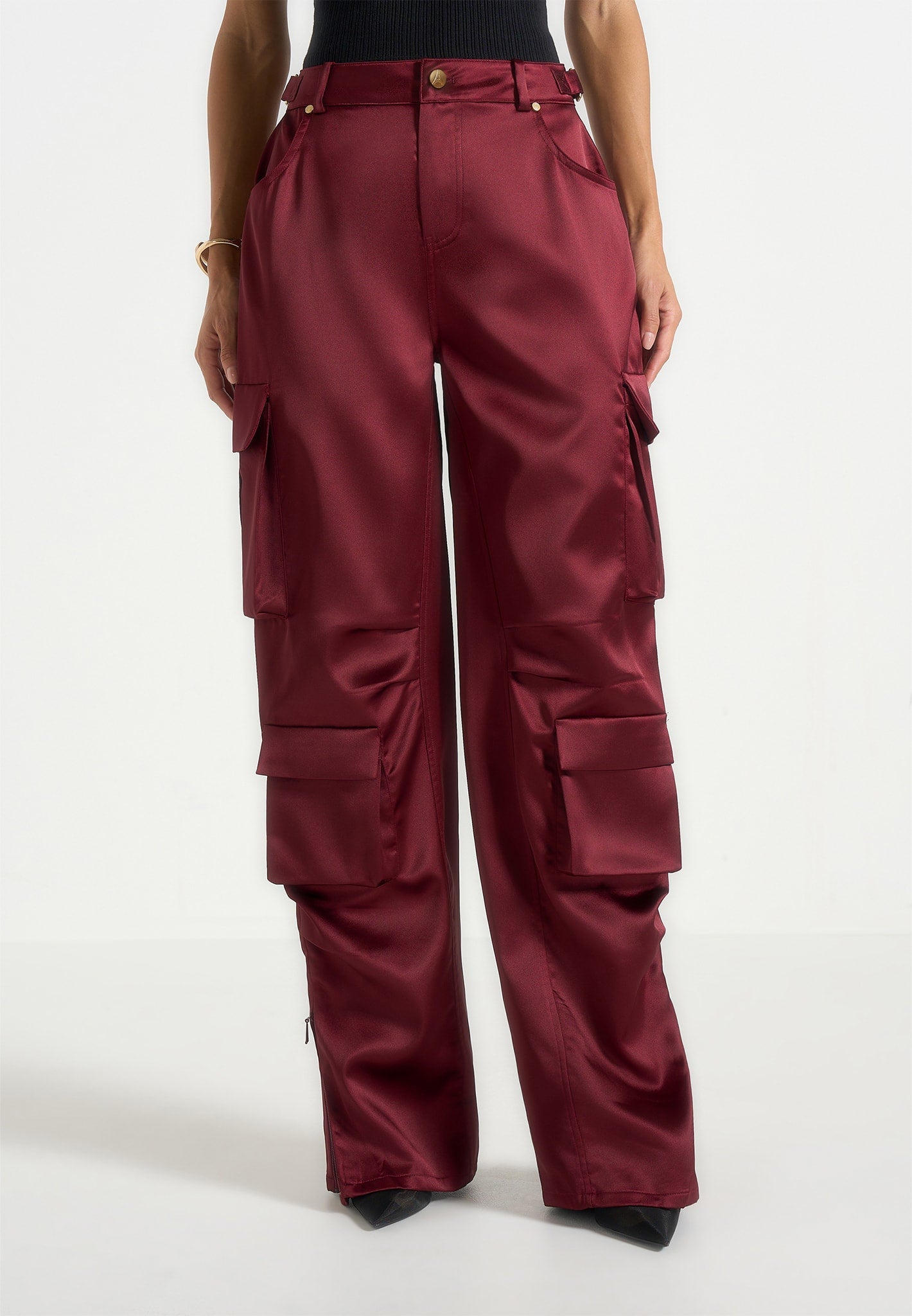 Emilie - Satin High Waisted Cargo Pants - Wine Red 