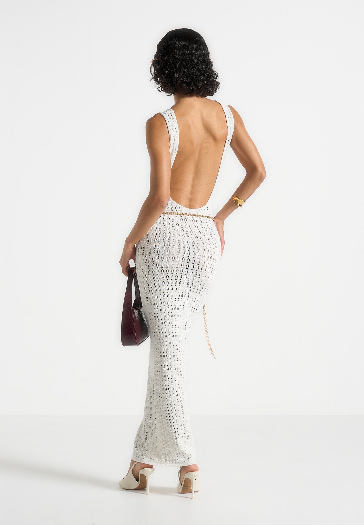Myriam - Pointelle Plunge Maxi Dress With Chain - Cream | Manire De Voir B.V Myriam - Pointelle Plunge Maxi Dress With Chain - Cream | Manire De Voir B.V