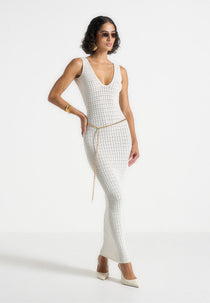Myriam - Pointelle Plunge Maxi Dress With Chain - Cream
