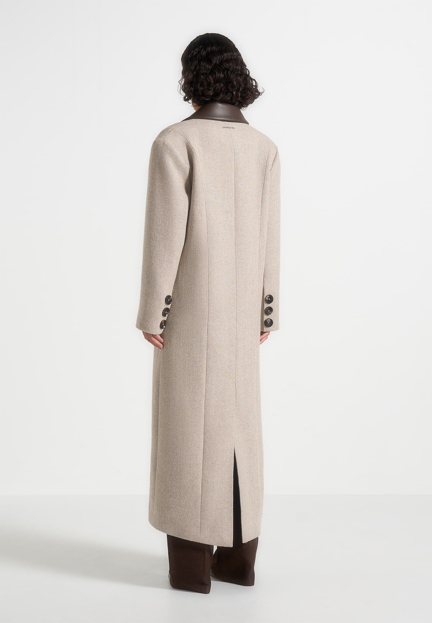 Anissa - Herringbone Wool Oversized Coat with Leather Belt - Beige