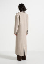 Anissa - Herringbone Wool Oversized Coat with Leather Belt - Beige