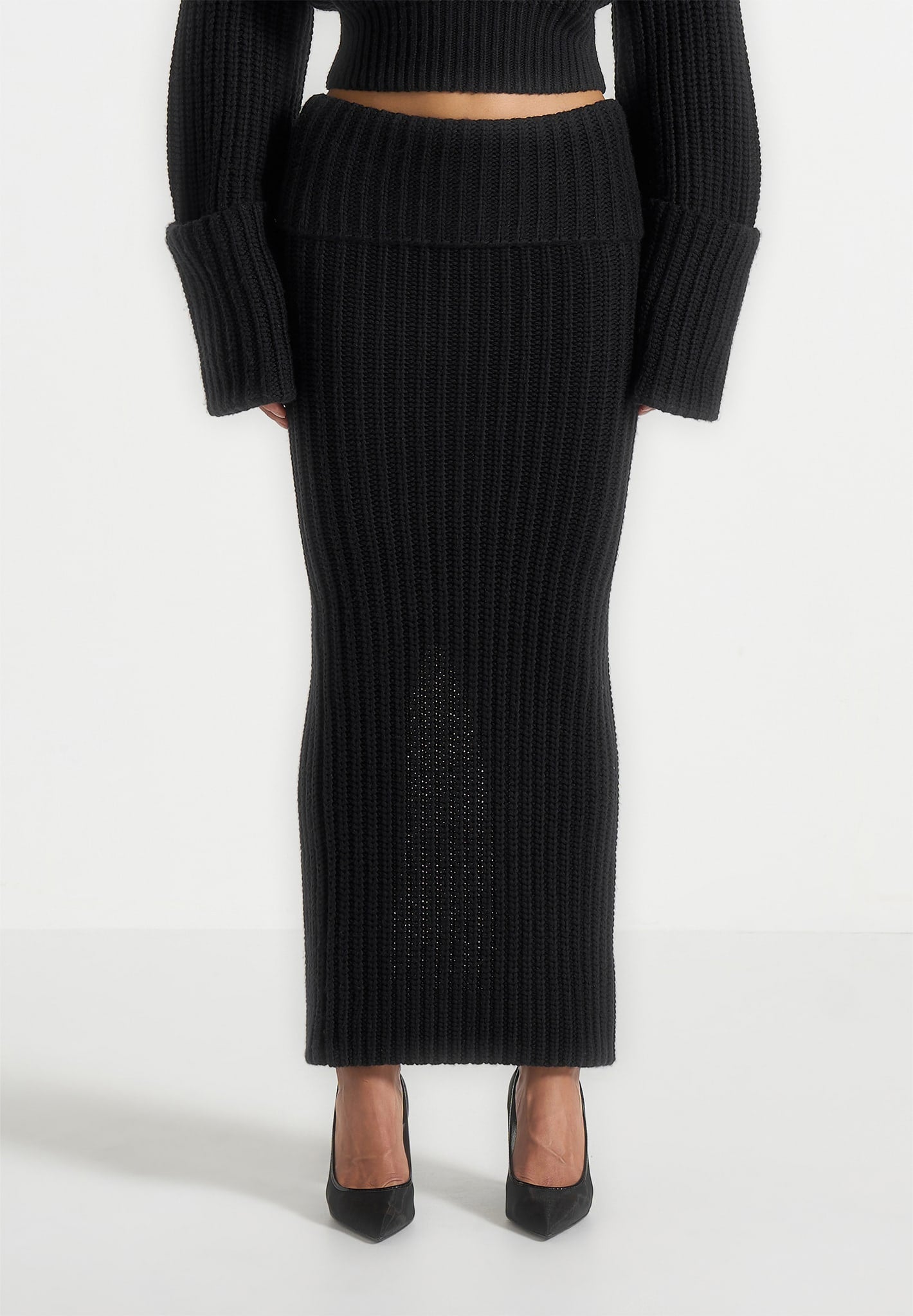 Lyra - Knit Maxi Skirt with Foldover - Black 