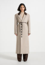 Anissa - Herringbone Wool Oversized Coat with Leather Belt - Beige