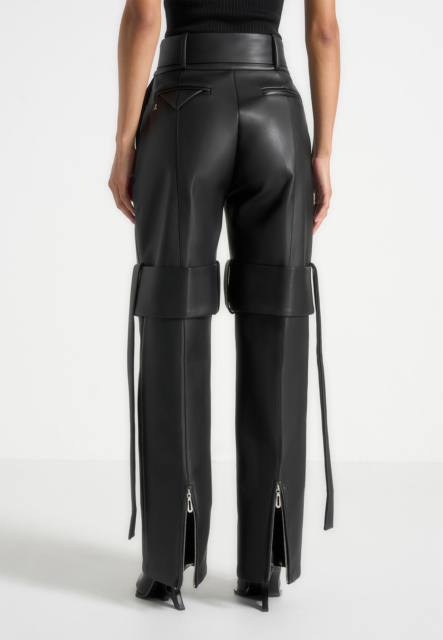 Isabelle - Leather Belted Strap Detail Trousers - Black