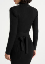 Hana - Wide Shoulder Knit Dress With Waist Tie - Black