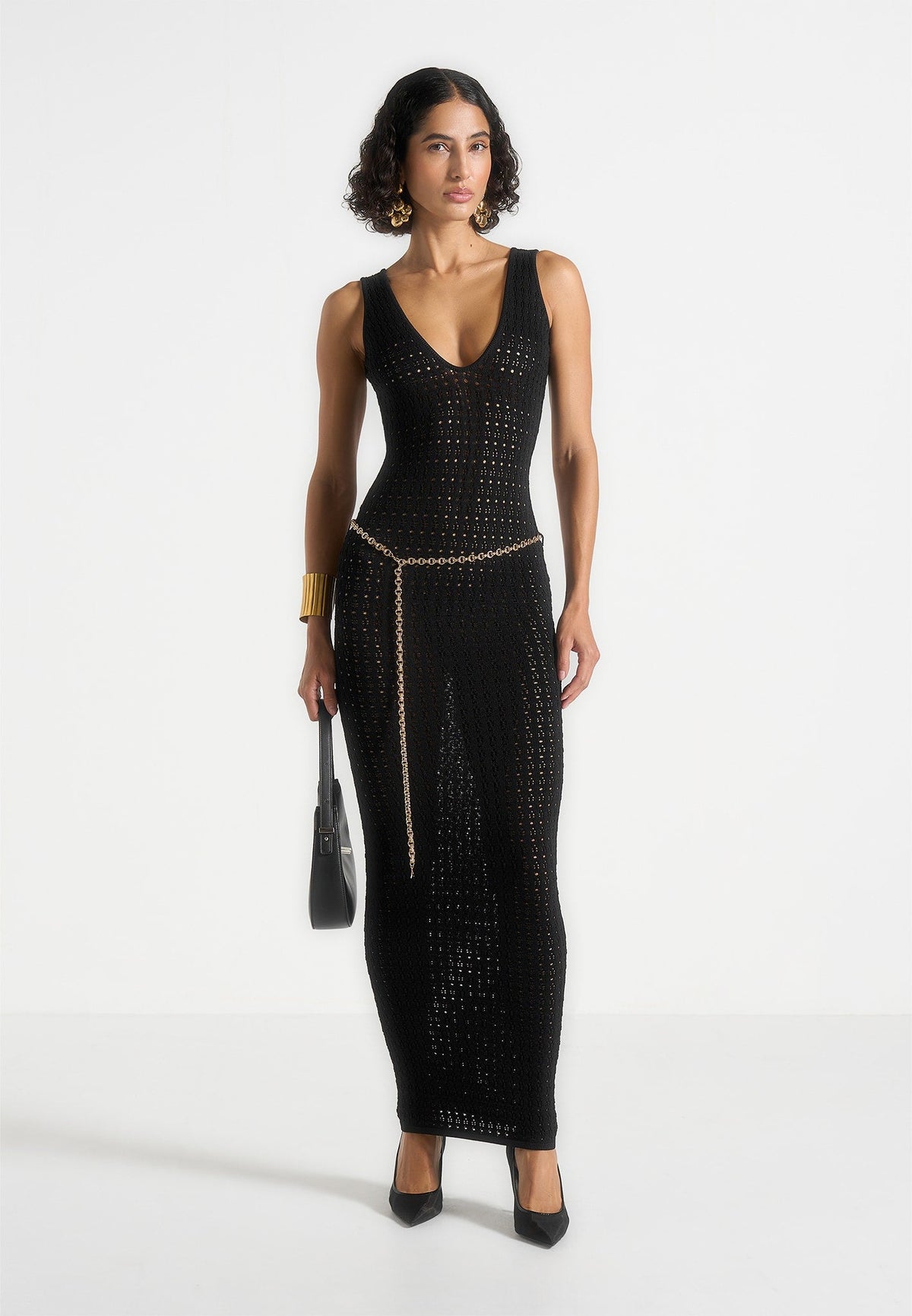 Myriam - Pointelle Plunge Maxi Dress With Chain - Black