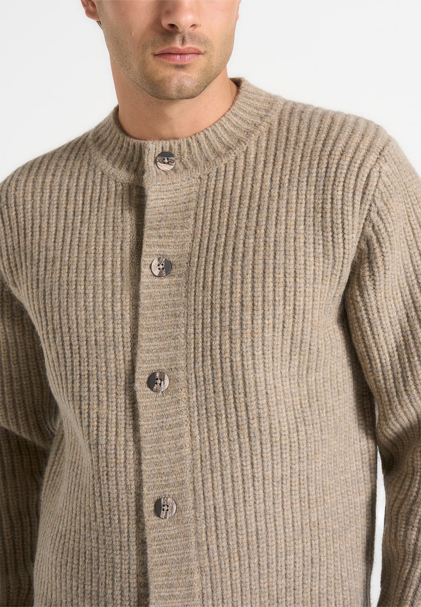 Alix - Unisex Crewneck Ribbed Knit Cardigan - Beige