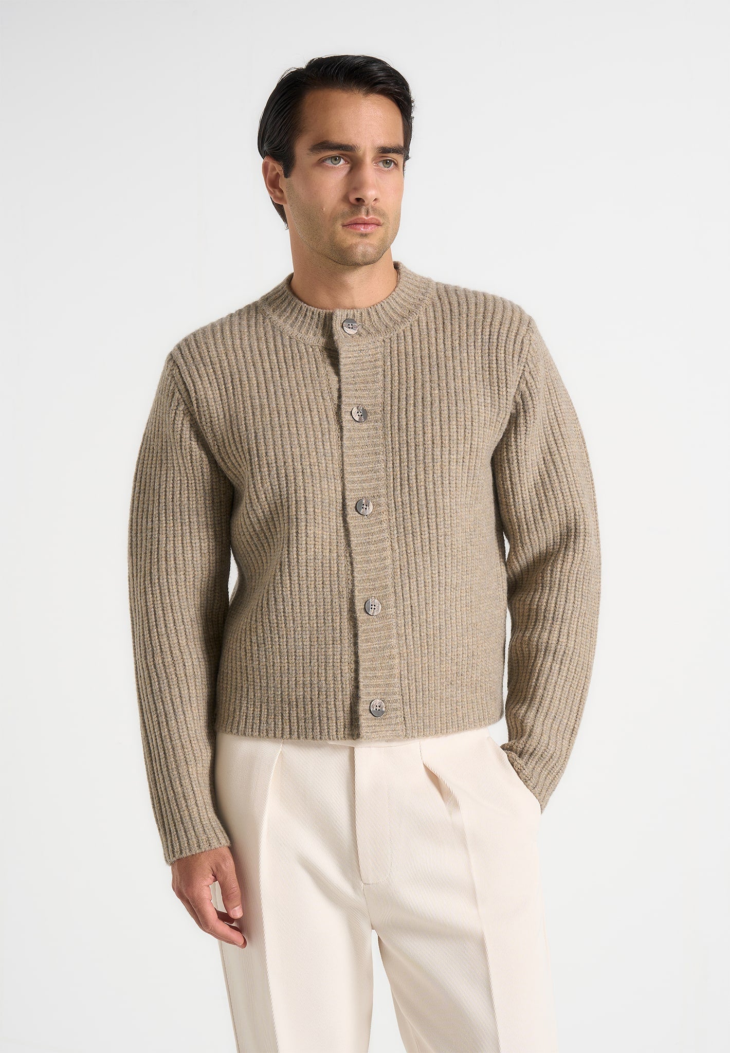 Alix - Unisex Crewneck Ribbed Knit Cardigan - Beige 