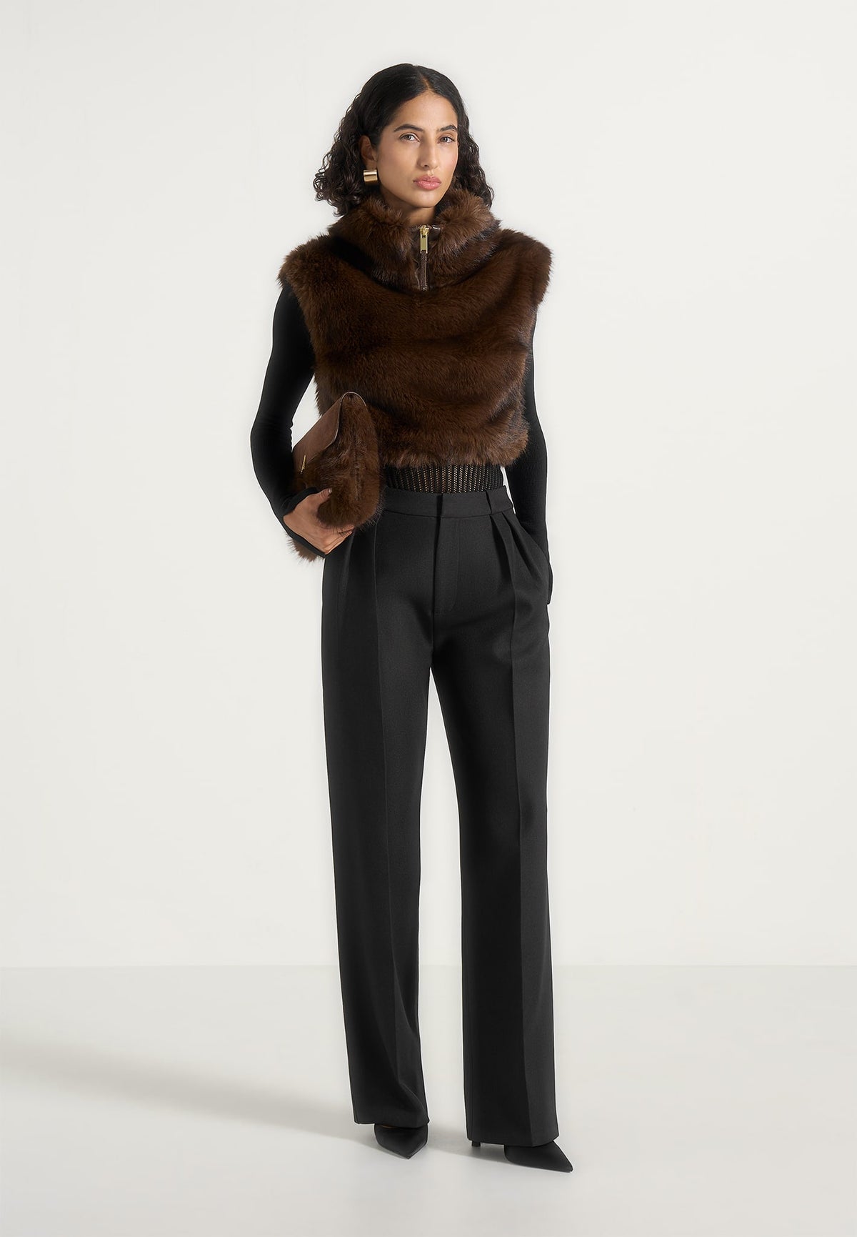Nayla - High Neck Fur Jumper - Brown