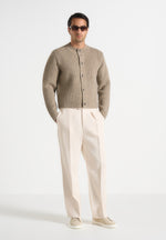 Alix - Unisex Crewneck Ribbed Knit Cardigan - Beige