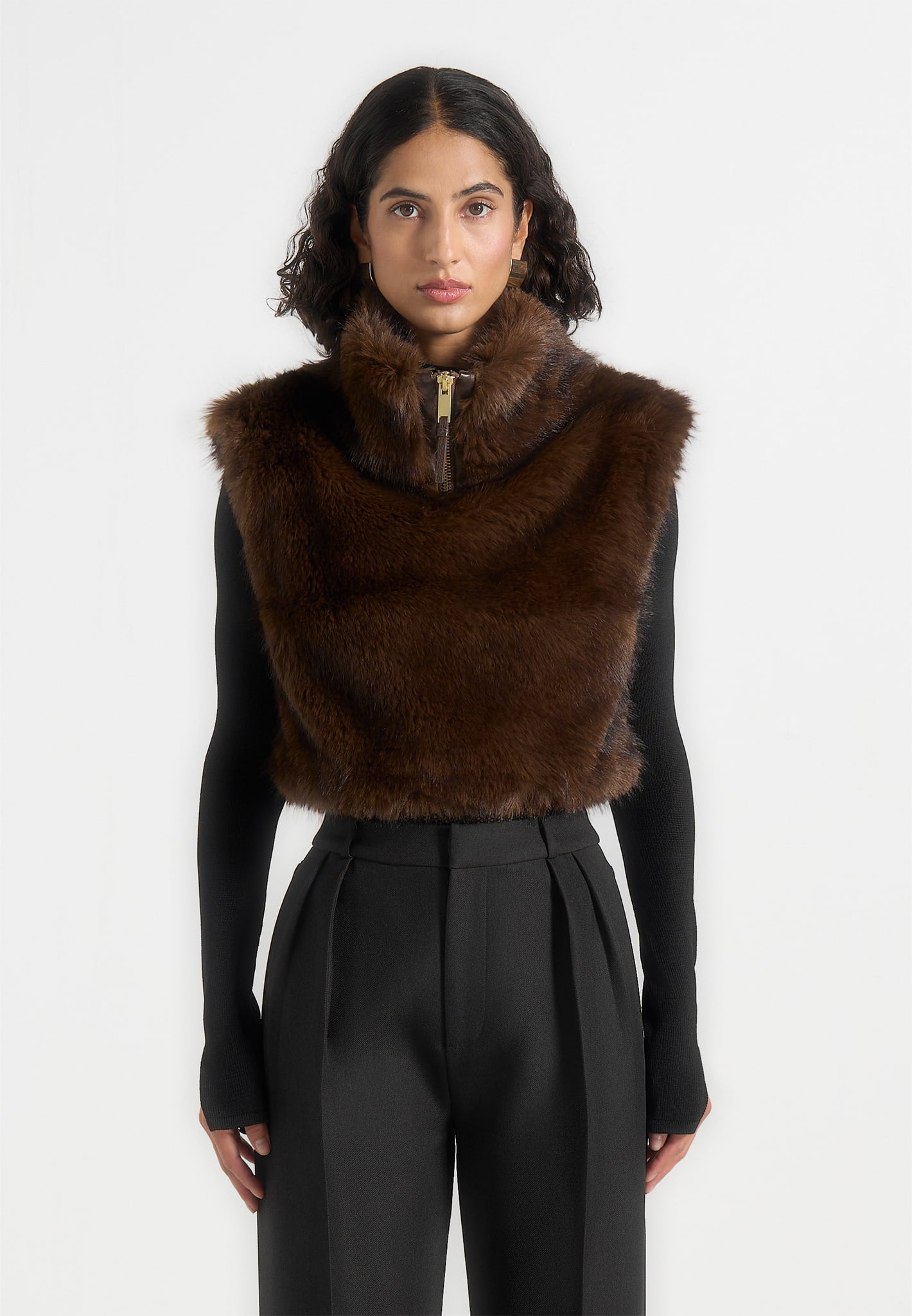 Nayla - High Neck Fur Jumper - Brown