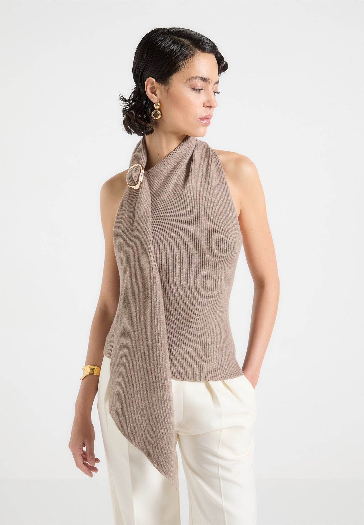 Elodie - Knitted Draped Halterneck Top - Taupe