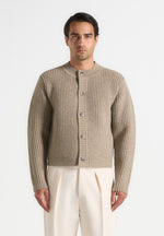Alix - Unisex Crewneck Ribbed Knit Cardigan - Beige