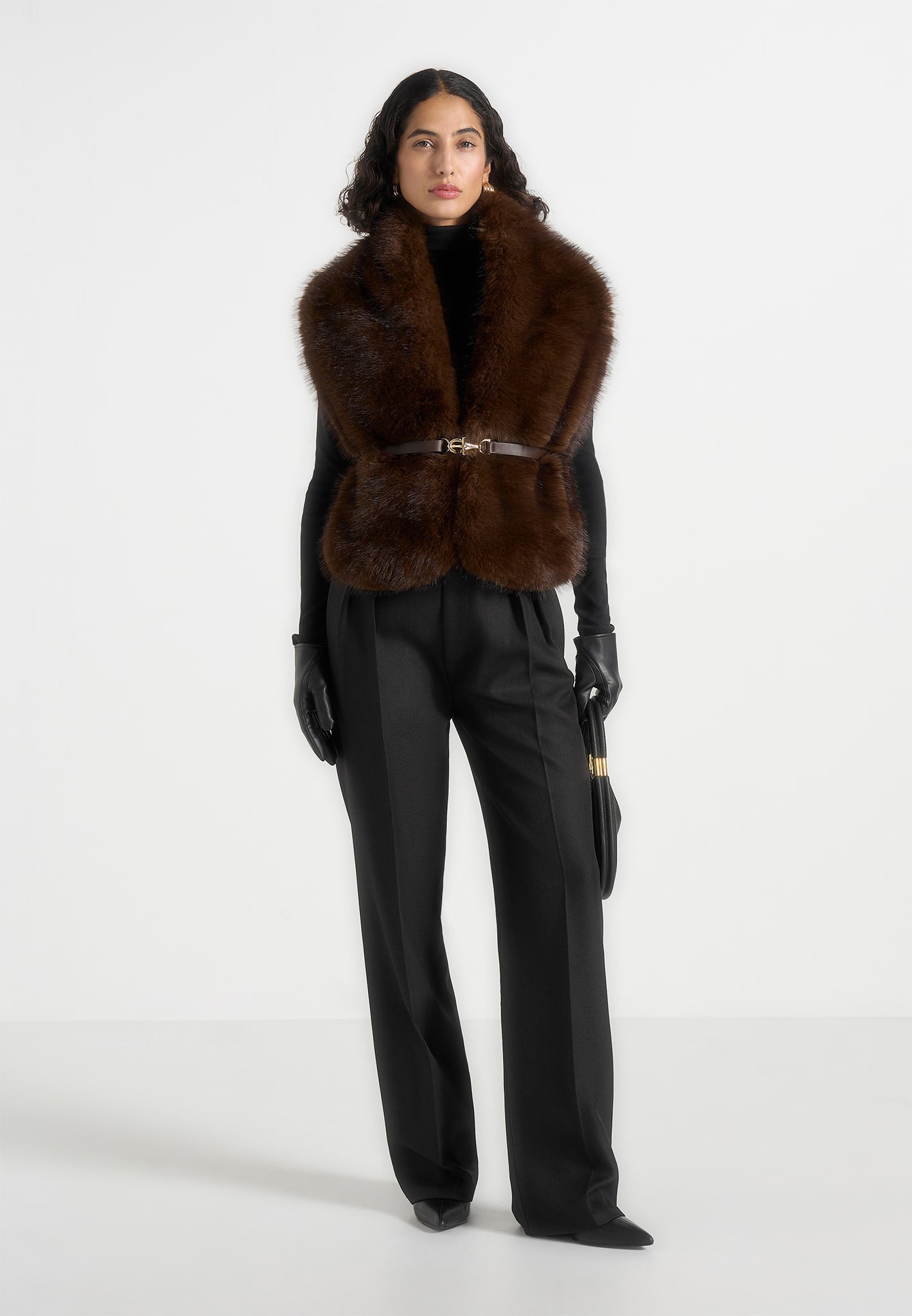 Lira - Fur Gilet With Belt - Dark Brown 