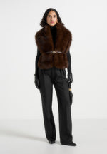 Lira - Fur Gilet With Belt - Dark Brown