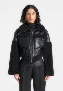 Angular Hem Leather Borg Biker Jacket - Black