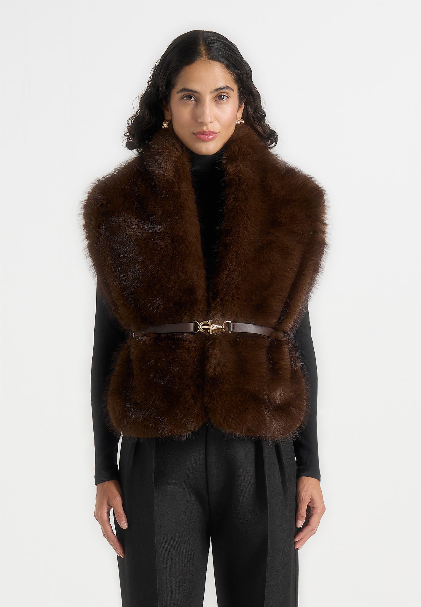 Lira - Fur Gilet With Belt - Dark Brown