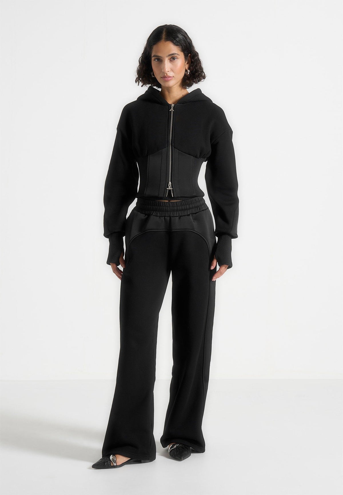 Brune - Corset Jersey And Satin Zip Hoodie - Black
