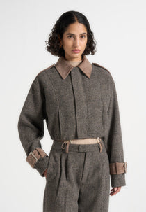 Galia - Herringbone and Suede Bungee Hem Jacket - Grey