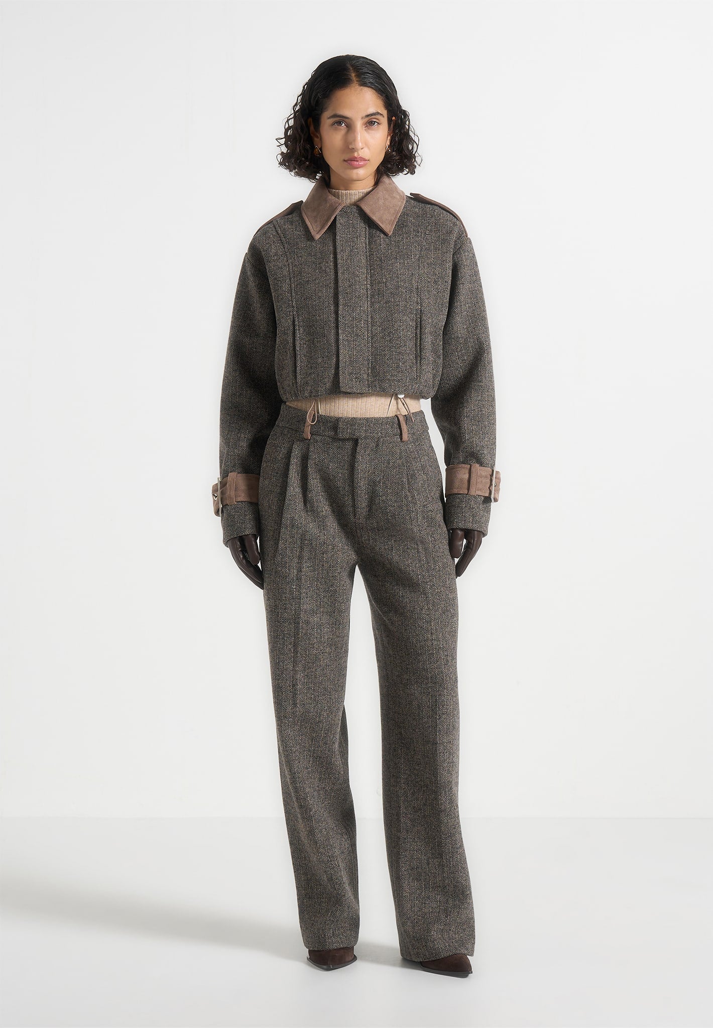 Julie - Herringbone Wool Twin Pleat Trousers - Grey